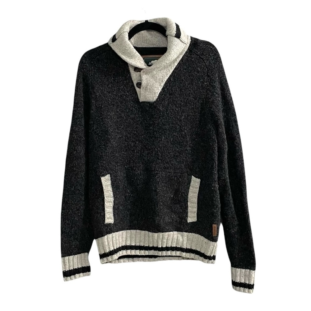 ROOTS Canada Wool Shawl Collar Sweater Elbow Patches Black Gray L